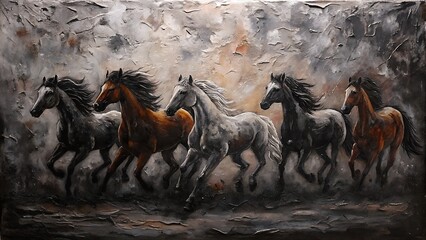 "Wild Gallop – Five Horses in Motion, Oil Painting"
