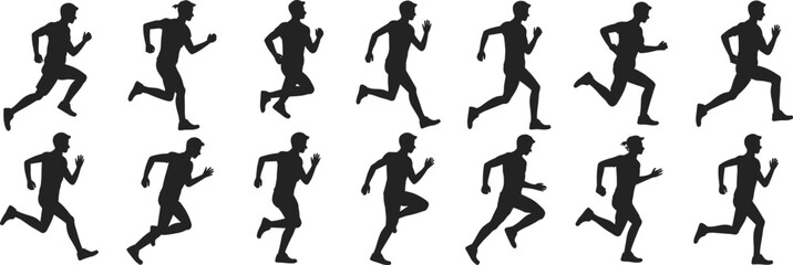 Running man silhouette vector set, jogger motion sequence, athlete icon pack, fitness runner design, black isolated sport illustration