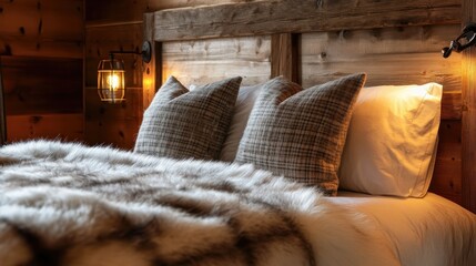 Close-up of a Canadian chalet bedroom, faux fur throw, pine headboard, warm amber lighting