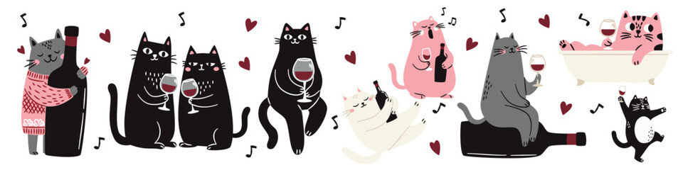 Cute Scandinavian style cats with a glass and a bottle of wine, singing and taking a bath. Flat vector illustrations on white background . Vector illustration