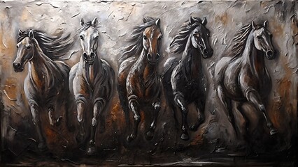 "Wild Gallop – Five Horses in Motion, Oil Painting"