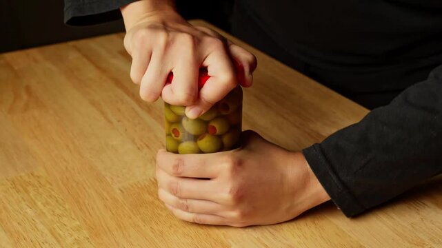 A woman is trying to open a jar of pickle olives with pimento