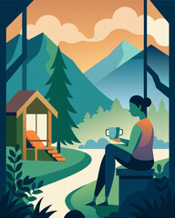 Surrounded by tall trees and the soothing sound of a nearby stream the freelancer enjoys a cup of tea on the porch watching as the morning mist slowly dissipates.. Vector illustration