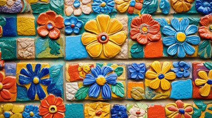 Close-up of a Mexican artisan studio, painted ceramics, colorful tiles, vibrant texture
