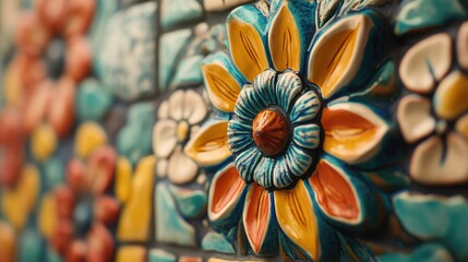 Close-up of a Mexican artisan studio, painted ceramics, colorful tiles, vibrant texture