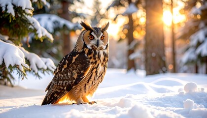 Longeared owl winter sunset.