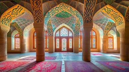 Vibrant, colorful columns and arches adorn a checkered floor in an Indian temple.