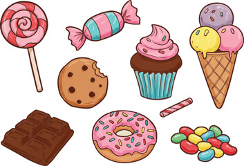 Vector crayon doodle sweets set with lollipop, cupcake, and candy