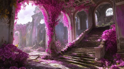 Obraz premium A ruined palace adorned with vibrant pink blossoms.