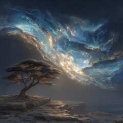 Fototapeta premium Surreal Landscape Lone Tree Celestial Nebula Dramatic Sky Fantasy Art