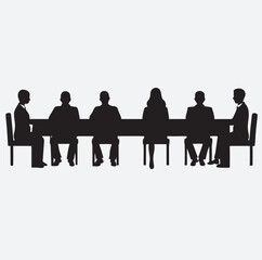 group of people setting around a table silhouette vector art illustration, silhouettes of business people