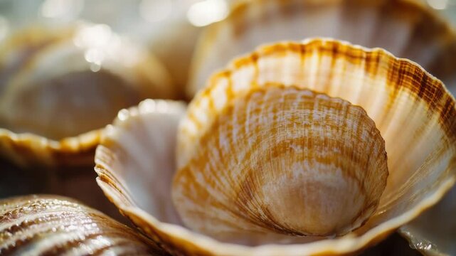 Close-up view of several shells on a surface.