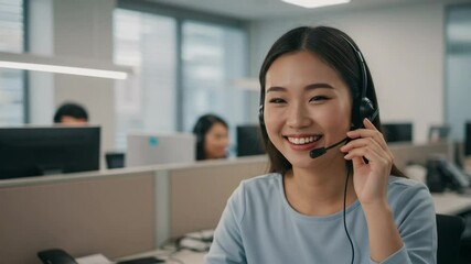 Smiling Asian woman wearing a headset in an office setting, possibly providing customer service or telemarketing support.