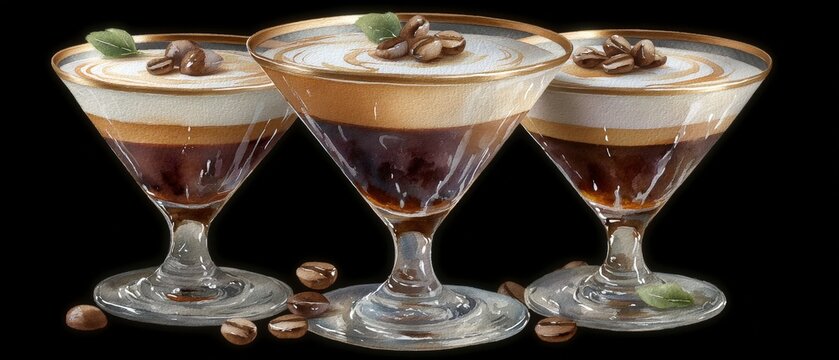 Three Espresso Martinis Watercolor Painting  Coffee Cocktails  Bar Drinks  Alcoholic Bever