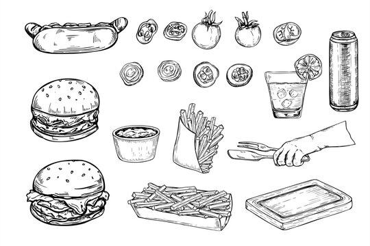 Naklejki Black and white vector fast food clip art. Hotdog, burger, fries, sauces, vegetables, drinks, wooden board. and hand holding tongs graphic line art sketch. American street food for summer event design