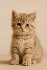 Fototapeta premium Adorable Ginger Kitten Sitting on Beige Background, Looking Curious