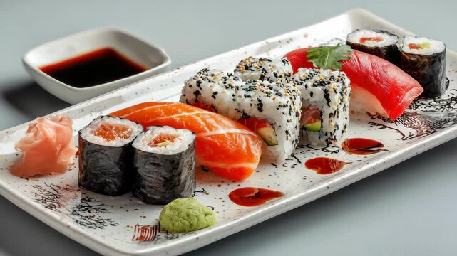 Elegant sushi plate, gourmet maki and nigiri sushi pieces on a modern plate with Japanese motif, served with ginger, wasabi and soya sauce