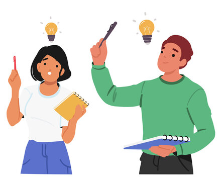 Man and woman with pen and notebook finding good business strategy having plan isolated on white