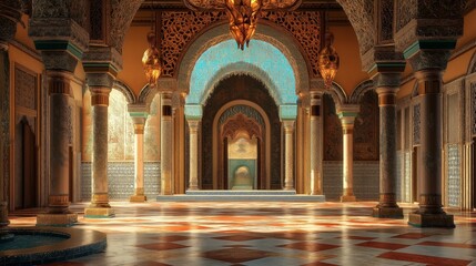 Interior of a luxurious moroccan palace with ornate archways.