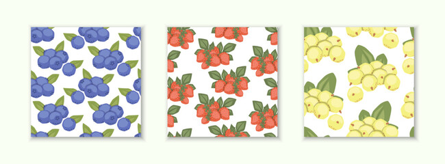 Set of vector seamless patterns with blueberry, strawberry and currant on white background
