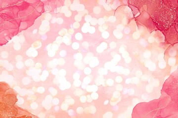 ボケライトの抽象背景テンプレート。四隅にピンクのアルコールインクアートと金色グリッター