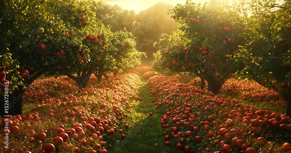 Poster an orchard with rows of trees and sunlight shining through the canopy. the scene features a golden l