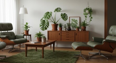 Cozy mid century modern living room interior