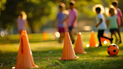 Kids are running and practicing soccer skills in a bright park filled with cones and laughter on a sunny day - Powered by Adobe