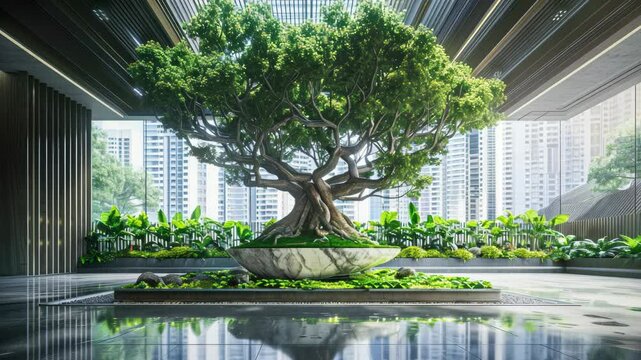 An impressive indoor tree stands in a contemporary atrium, complemented by lush plants and a vibrant city backdrop during daylight