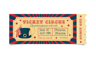 Vintage circus ticket, entrance retro coupon in red and blue