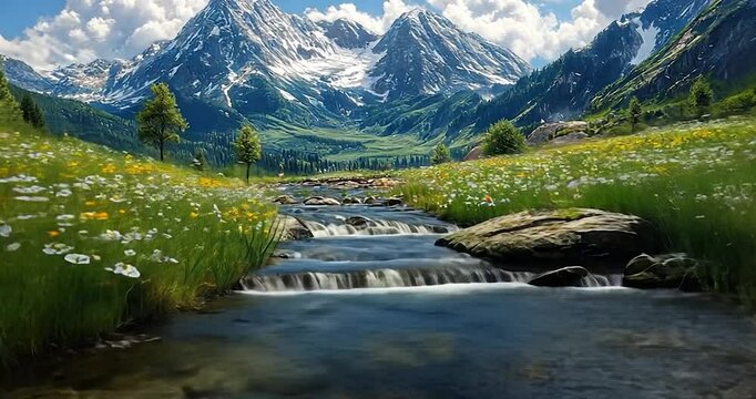 River flowing through a field of generic flowers with mountains in the background in daylight and sunny weather