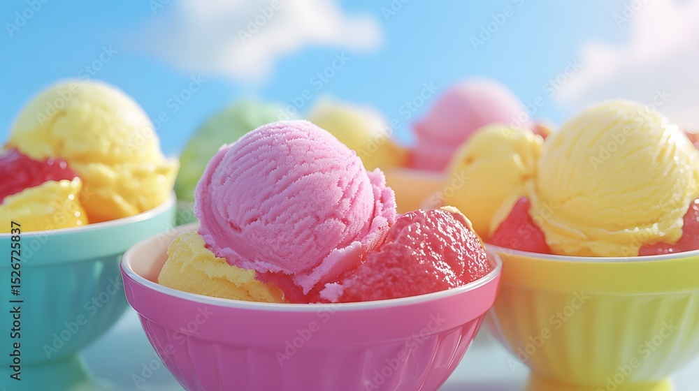 Poster three colorful bowls of vegan ice cream displayed together in a bright and cheerful setting with var