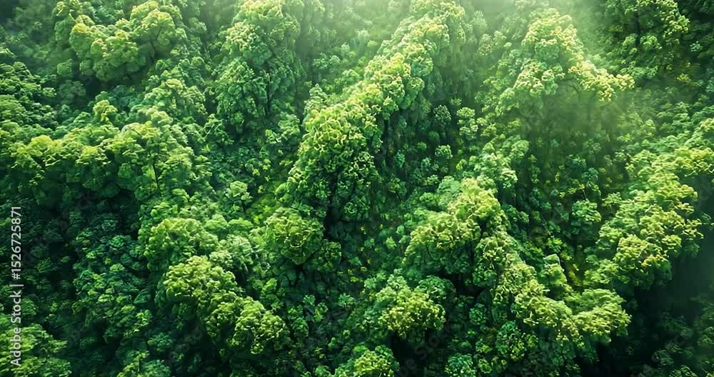 Poster overhead aerial view of forest canopy showing green trees with light rays, creating a textured surfa