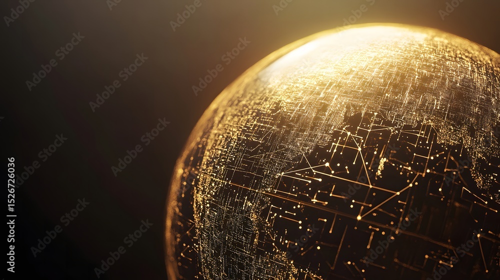 Poster close-up of a globe with digital overlay featuring multiple lines representing connectivity and glob