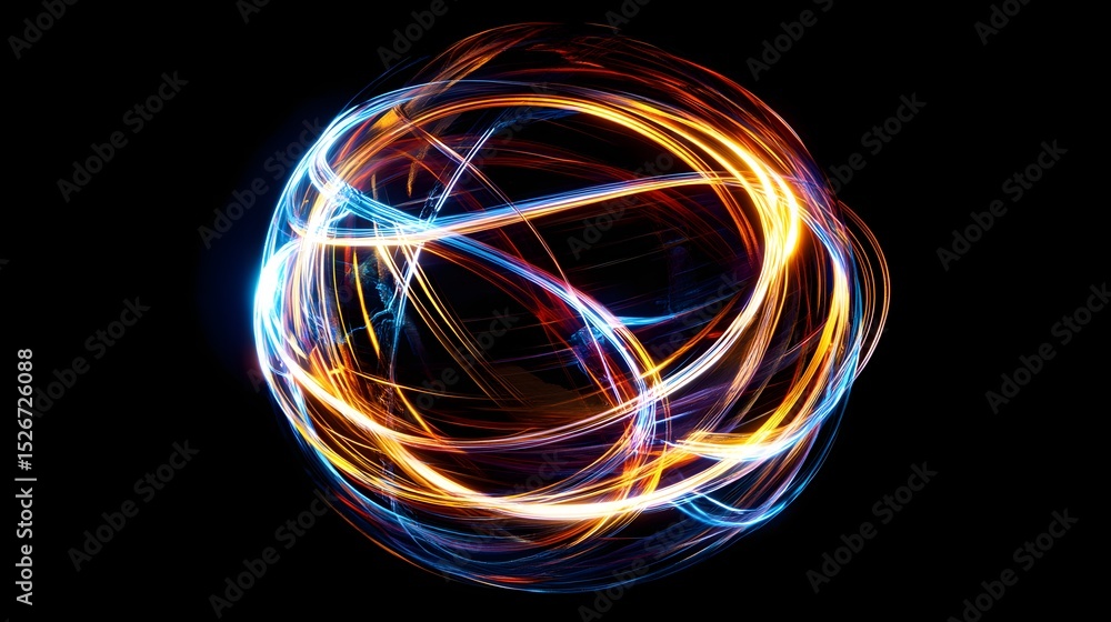 Poster a captivating light painting featuring a stylized globe with dynamic light trails creating a sense o