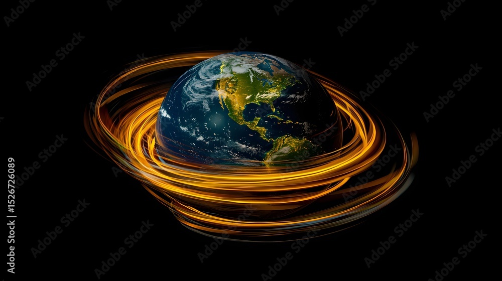 Poster a stylized globe surrounded by dynamic light trails creating a sense of movement and energy around t