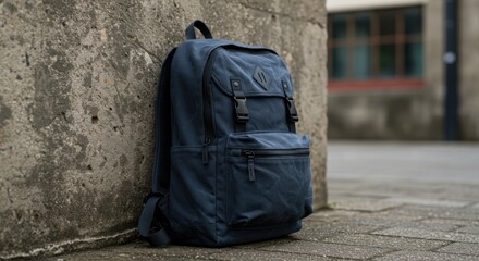 Dark backpack leaning against concrete wall