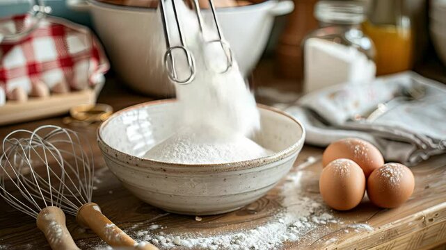 Flour, eggs, and kitchen tools are arranged on a wooden surface, ready for a baking session in a warm, inviting kitchen atmosphere