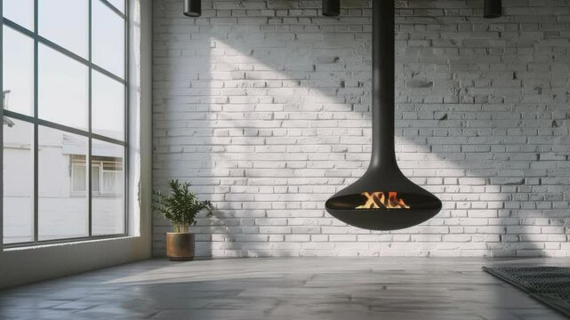 A stylish interior showcases a unique suspended fireplace, brightening the open space with its contemporary design and natural light