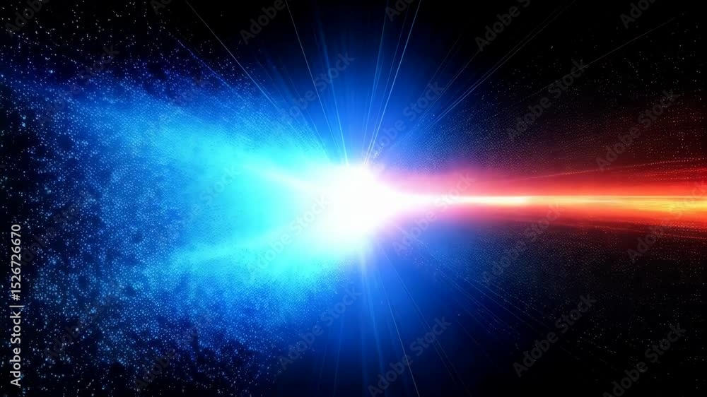 Poster energy collision in space with blue and orange digital streams clashing in bright light, dynamic cos