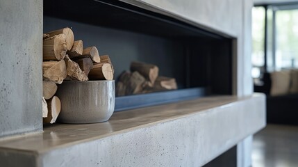 Close-up of minimalist fireplace corner, sleek concrete mantle, ceramic firewood holder, grey and matte black tones