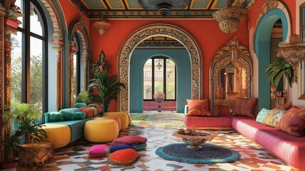 Interior of a luxurious moroccan palace with ornate archways.