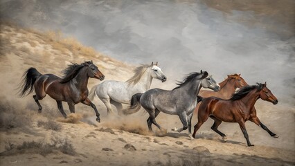 "Wild Gallop – Five Horses in Motion, Oil Painting"