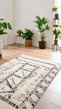 Minimalist living room featuring a cream-colored Berber rug with black geometric pattern, potted plants, and a gray sofa, set on light hardwood flooring.