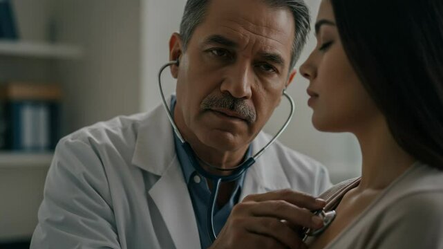 A doctor listens to a patient's heartbeat with a stethoscope during a medical examination in a clinic or hospital setting.