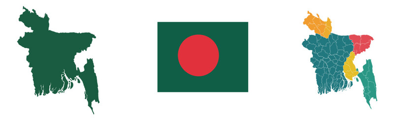Bangladesh Map Illustration, Flag on White Background, Detailed Country Vector, Detailed Map and Flag of Bangladesh on White Background
