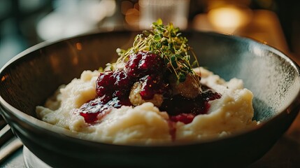 Close-up of Swedish meatballs with lingonberry sauce and mashed potatoes, creamy texture and cozy Nordic tones