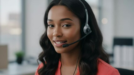 A close-up shot of a smiling Black woman wearing a headset, likely a customer service representative or call center agent. - Powered by Adobe