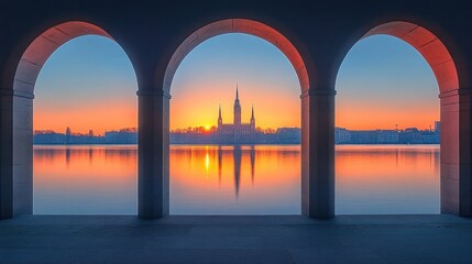 Sunrise over a city reflected in a lake, viewed through arched openings