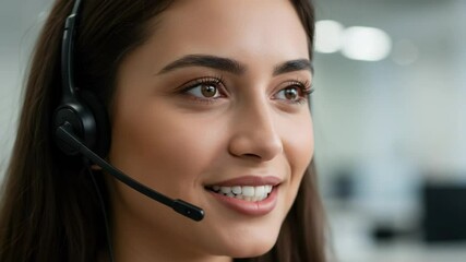 A smiling woman wearing a headset, likely in a customer service or call center environment, conveys friendliness.